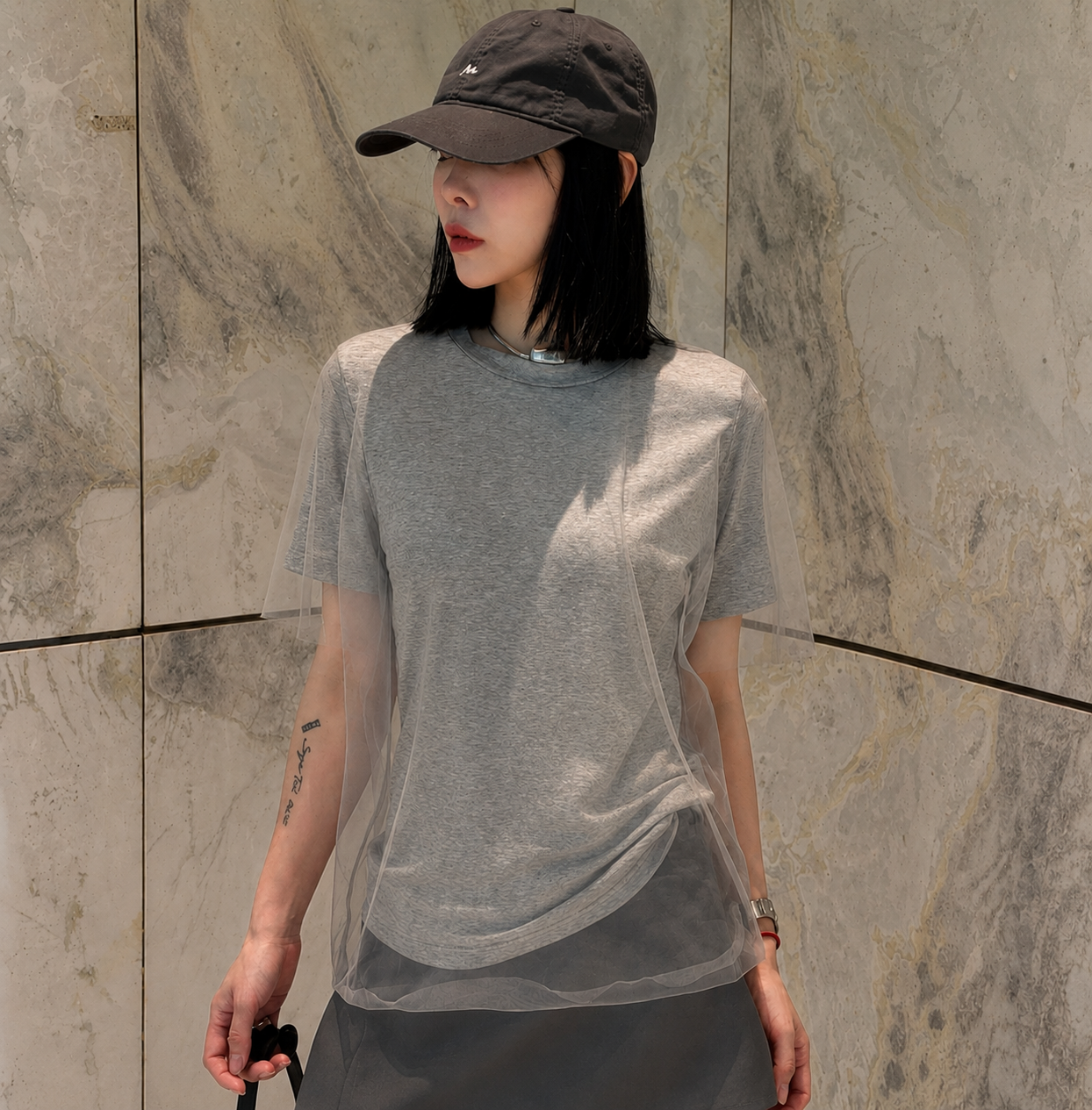 Solegram Summer Veil Faux Two-Piece Mesh Tee