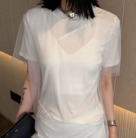 Solegram Summer Veil Faux Two-Piece Mesh Tee