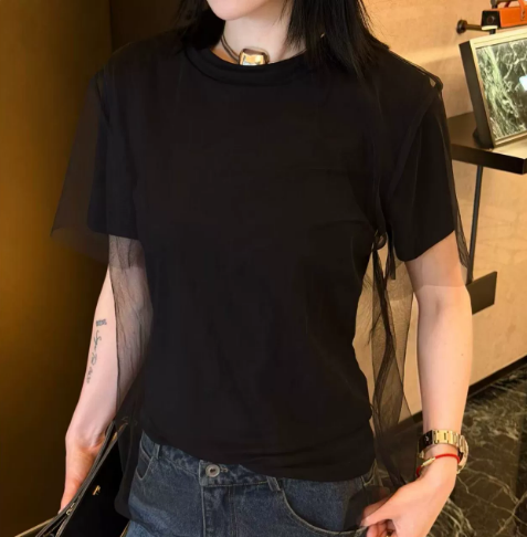 Solegram Summer Veil Faux Two-Piece Mesh Tee